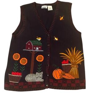 Capacity Red & Orange Cat & Bird Embroidered Fall Sweater Vest Size Large Ramie